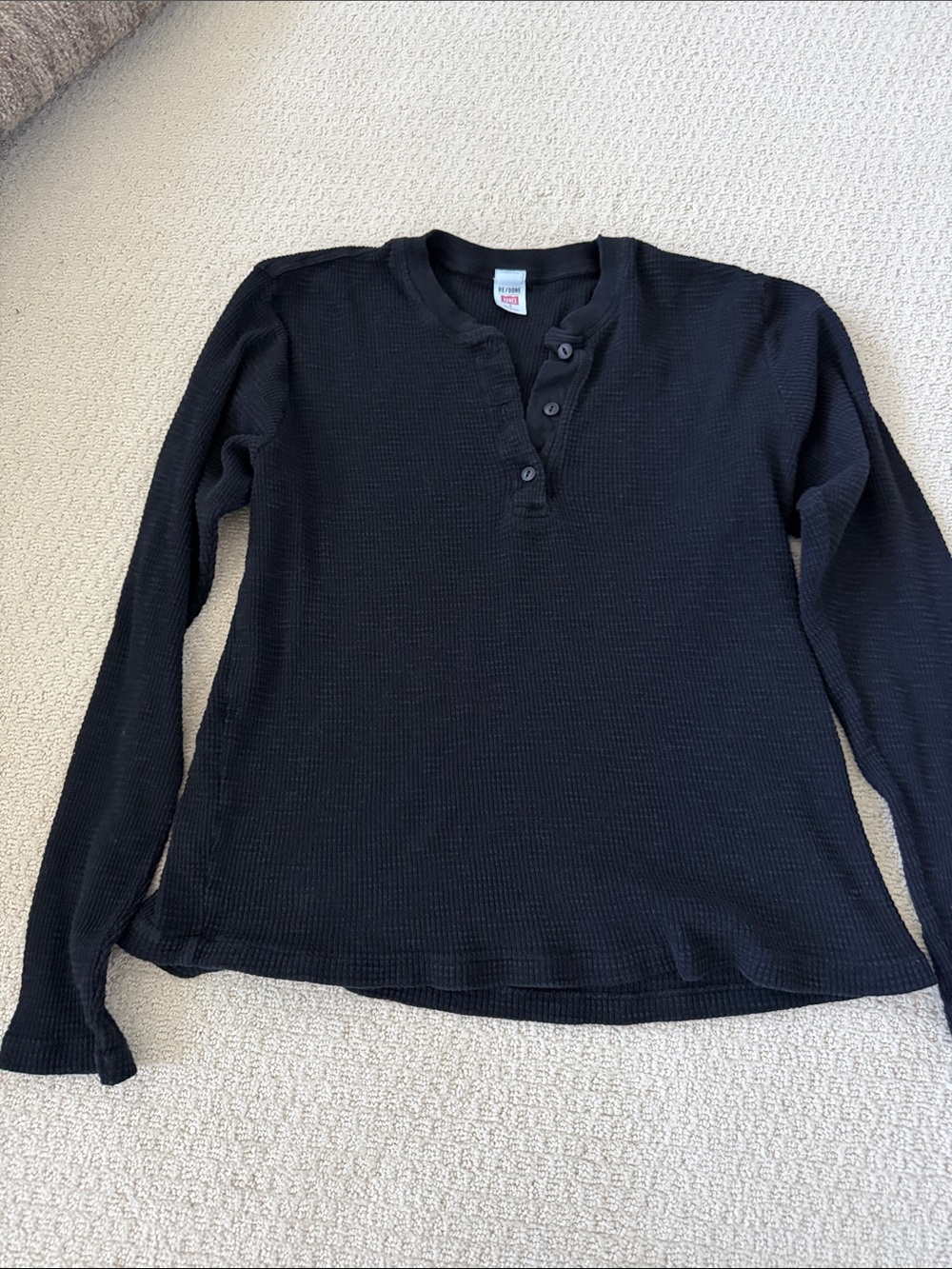 Re/Done Black Waffle Long-Sleeve Henley Top